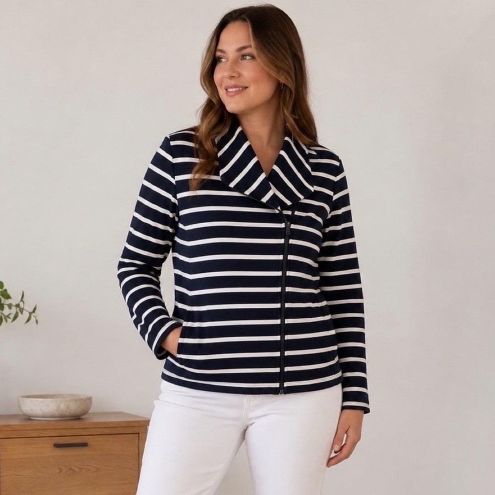 T By Talbots - Talbots Navy & White Striped Zip Side Front Jacket Women's L